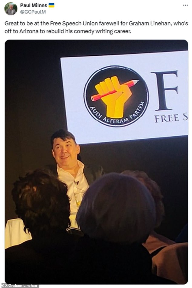 Before Linehan made the move to Arizona permanent, he made several visits to the area which he documented on social media - and had a farewell before going at the Free Speech Union
