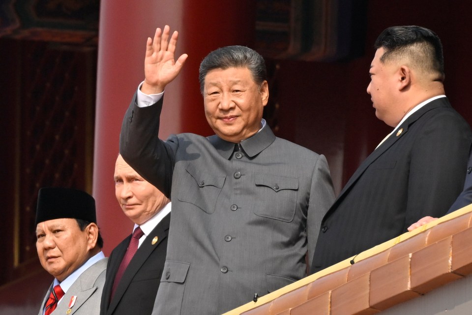 Xi Jinping, Vladimir Putin, Kim Jong Un, and Prabowo Subianto at a military parade.