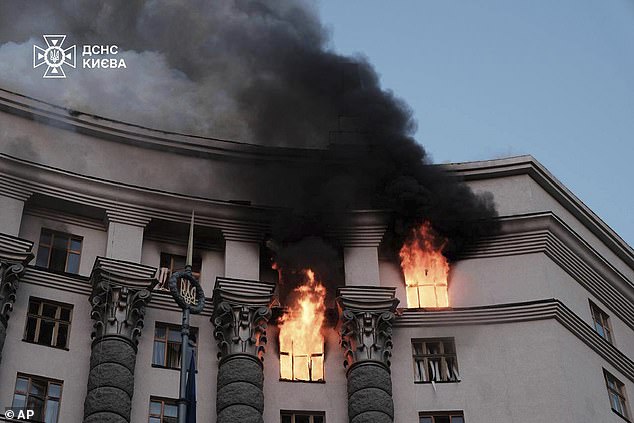 Flames and black smoke could be seen billowing from the windows from the government building in Kyiv -- September 7, 2025