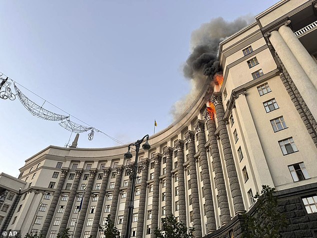 Smoke rises from a fire at the Cabinet of Ministers building after a Russian strike in Kyiv, Ukraine -- September 7, 2025