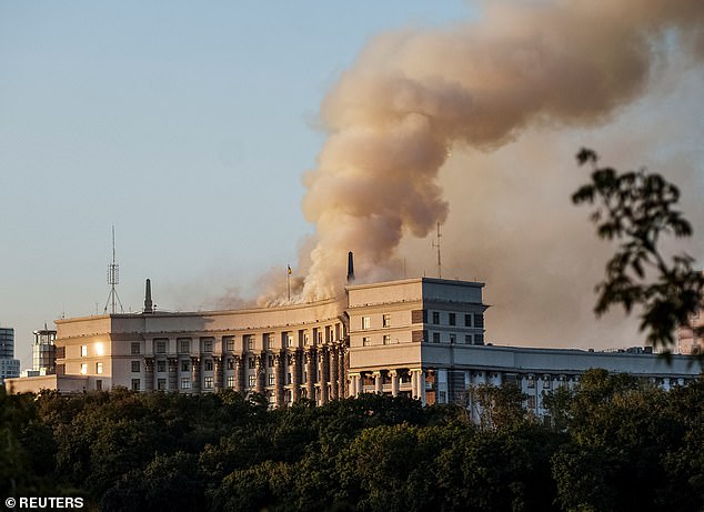 Smoke rises over a building of the Ukrainian government headquarters in Kyiv -- September 7, 2025
