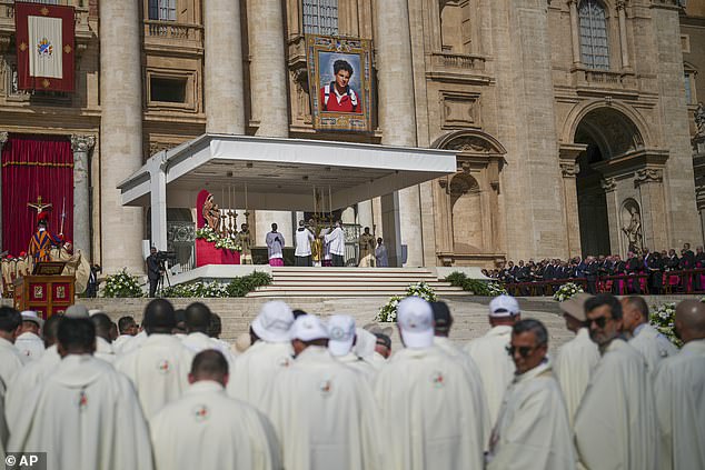 Pope Leo XIV celebrates the canonization Mass of Carlo Acutis and Pier Giorgio Frassati in St. Peter's Square at the Vatican Sunday, Sept. 7, 2025