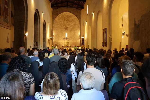 Faithful line up at the Sanctuary of the Renunciation where the body of Saint Carlo Acutis is kept in Assisi, Italy, 07 September 2025