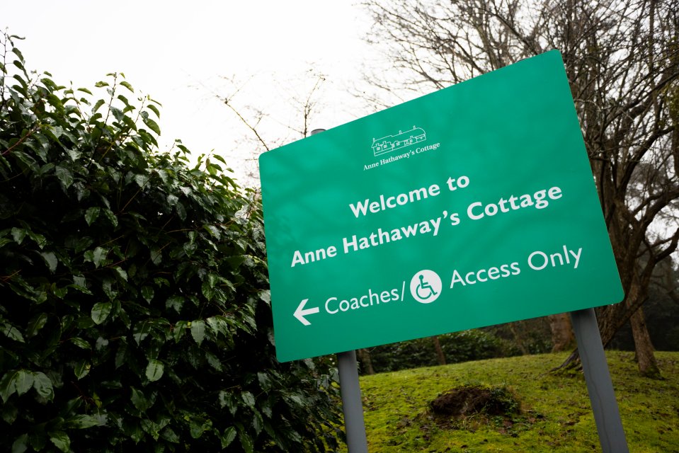 Sign indicating Anne Hathaway's Cottage access for coaches and disabled visitors only.