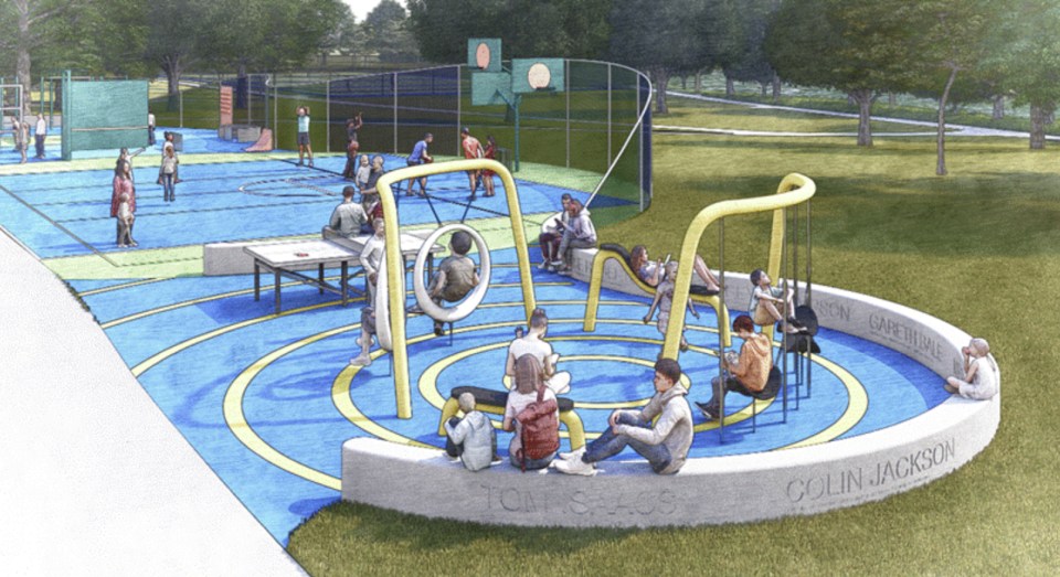 Illustration of a new park design with play areas, basketball court, and seating.