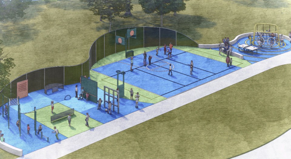 Illustration of a new park design with various play areas and equipment.