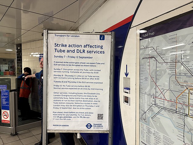A sign displayed shows how disruption has commenced today, with services affected until Friday