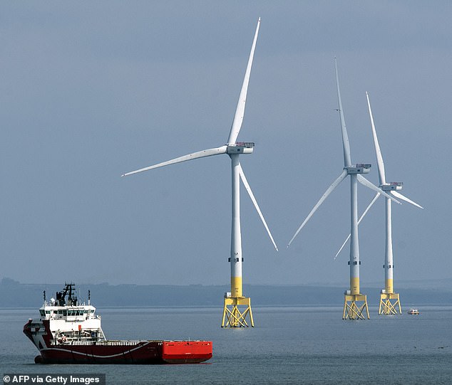 Around 180 of the UK's 280 current oil and gas fields are expected to shut over the next five years (pictured: wind turbines off the coast of Aberdeen)