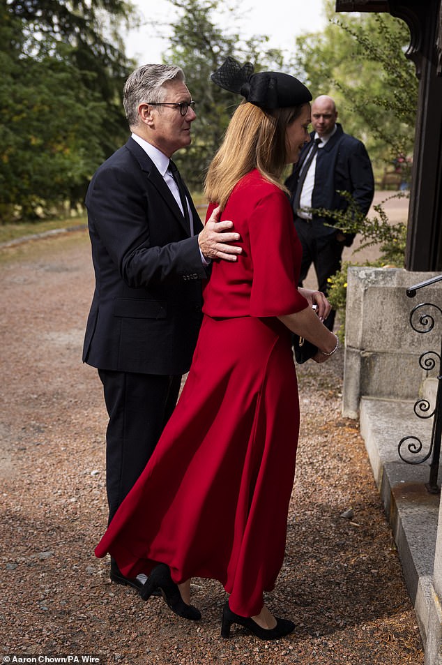Prime Minister Sir Keir Starmer and wife Lady Victoria Starmer arrive to attend a Sunday church service at Crathie Kirk