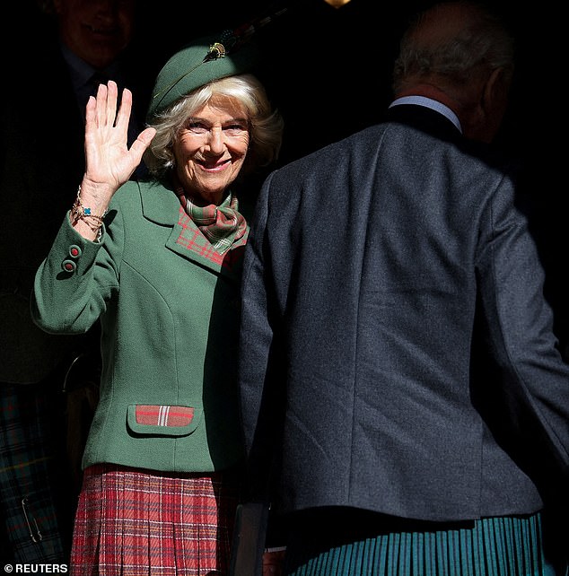 Camilla was seen waving as she arrived at the service this morning