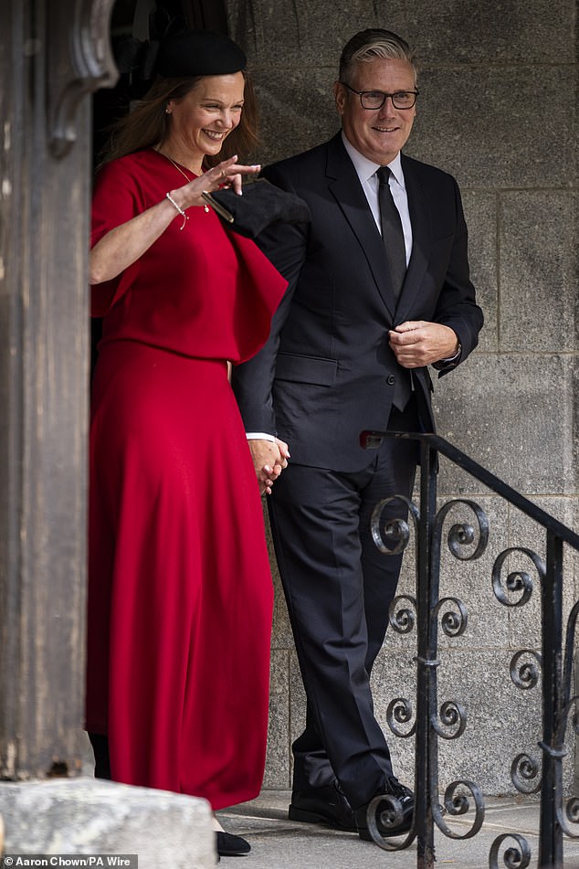 Lady Victoria beamed as she held her clutch bag in one hand as she and Sir Keir left the church after the service