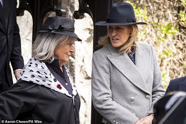 Baroness Helena Kennedy (left) and author Santa Montefiore leave after attending a Sunday church service at Crathie Kirk
