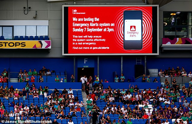 A big screen message reminded fans of the Emergency Alert test at the Women's Rugby World Cup tie between New Zealand and Ireland today
