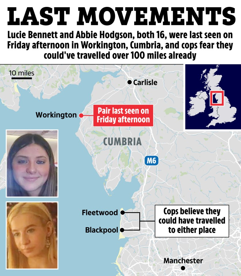 Map showing the last known location and possible travel routes of two missing 16-year-old girls.