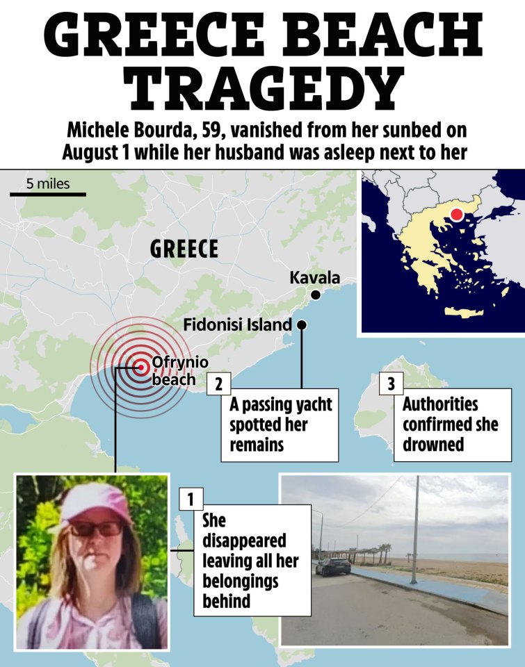 Illustration of map showing location of missing woman in Greece, along with timeline of events and photo.