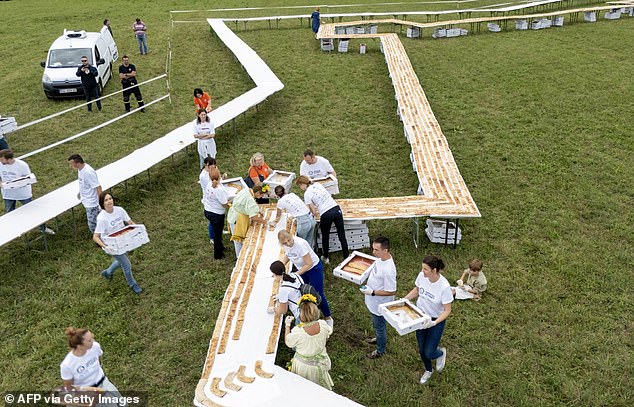 With two tons of flower Croatia's village on Saturday made it into the Guinness World Records with the mammoth 3km long line of strudels, the world's longest