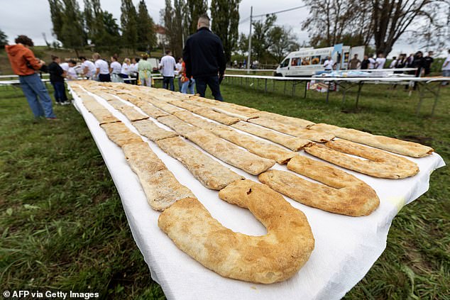 Seven rows of strudel on a table during the Strudelfest in Croatia over the weekend
