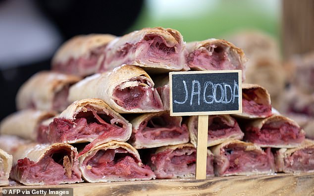 Strawberry strudels are laid out on a stall during an attempt to set a Guinness World Record for the largest strudel line in the world