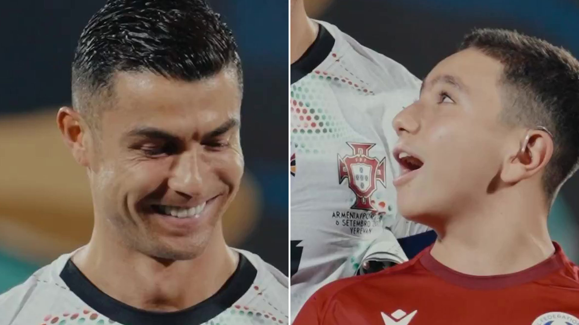 Cristiano Ronaldo consoles mascot as awestruck kid breaks down in tears before walking on to pitch with Portugal icon