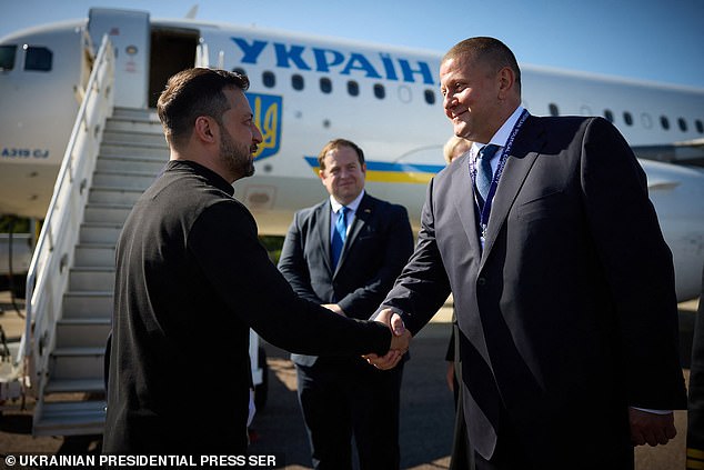 Valerii Zaluzhnyi, now Ambassador of Ukraine to the United Kingdom, shakes hands with Volodymyr Zelensky upon his arrival to the United Kingdom in July