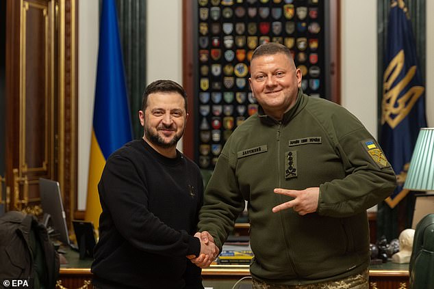 Ukraine's President Volodymyr Zelensky shakes hands with the then Commander-in-Chief of the Armed Forces of Ukraine Valerii Zaluzhnyi