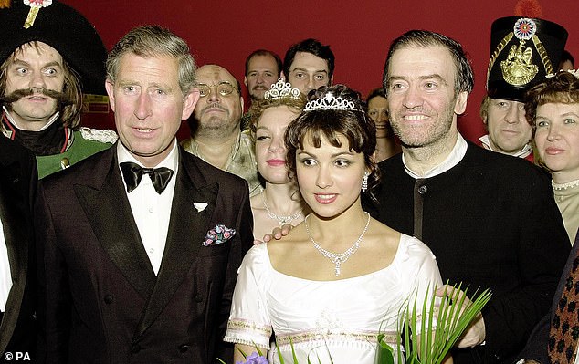 King Charles, then the Prince of Wales, with Anna Netrebko after a performance of War and Peace at the Royal Opera House in July 2000