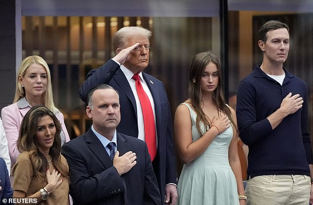 From L-R: Pam Bondi, Erin Elmore, Dan Scavino, Donald Trump, Arabella Kushner, Jared Kushner