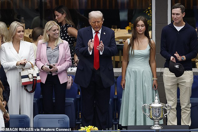 Karoline Leavitt (far left) holds a Gucci Dionysus bag with her white outfit, next to Pam Bondi in pink, Donald Trump, his granddaughter Arabella Kushner in teal, and her father Jared Kushner holding a baseball hat