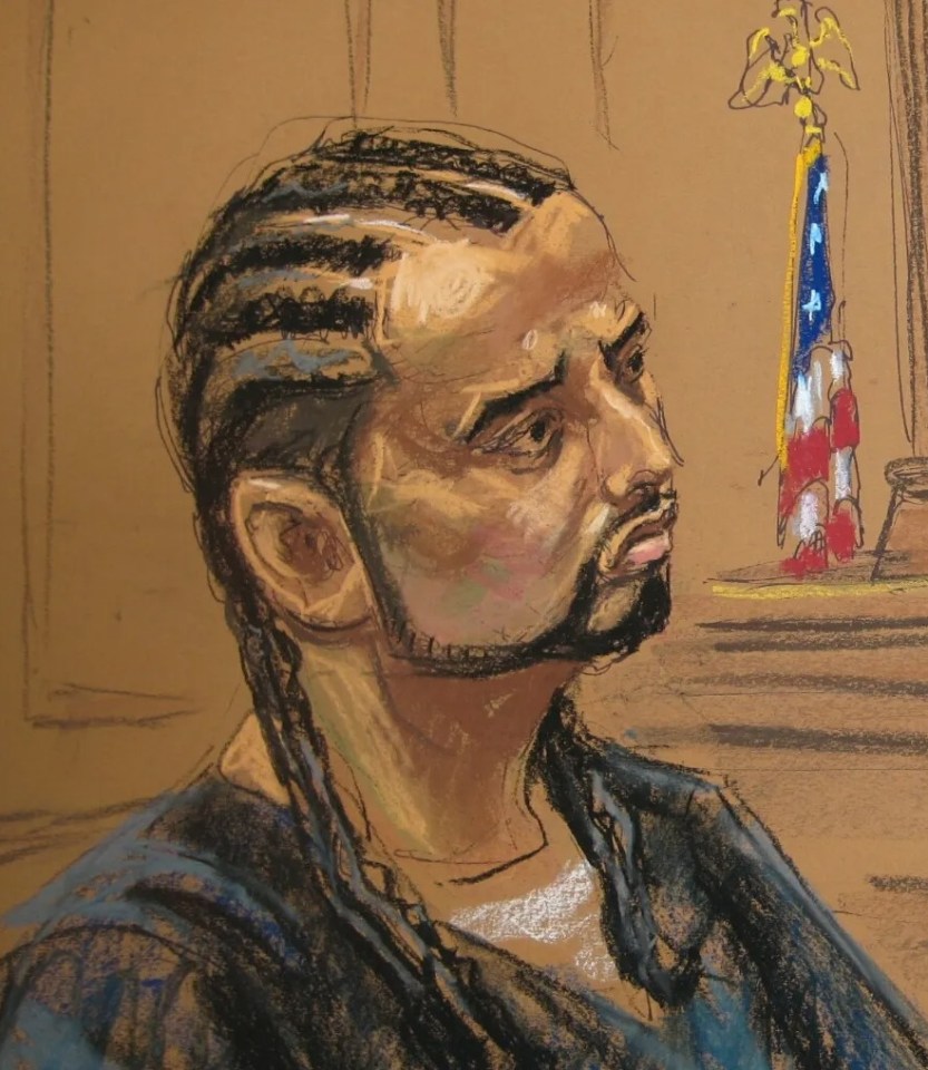 Courtroom sketch of a defendant and judge during sentencing.