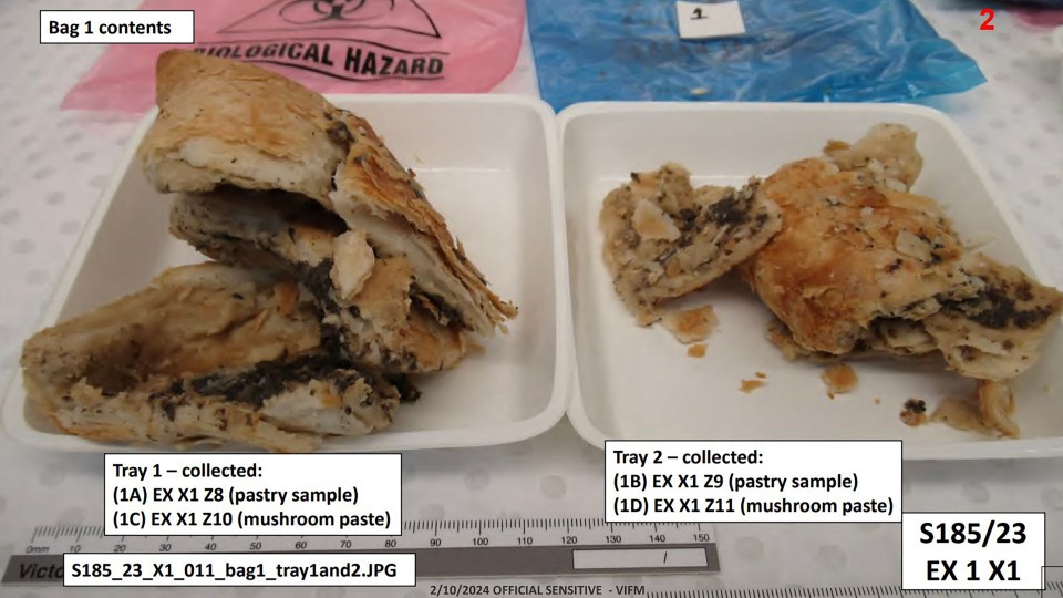 Photo of two trays of beef Wellington samples containing toxic mushrooms.