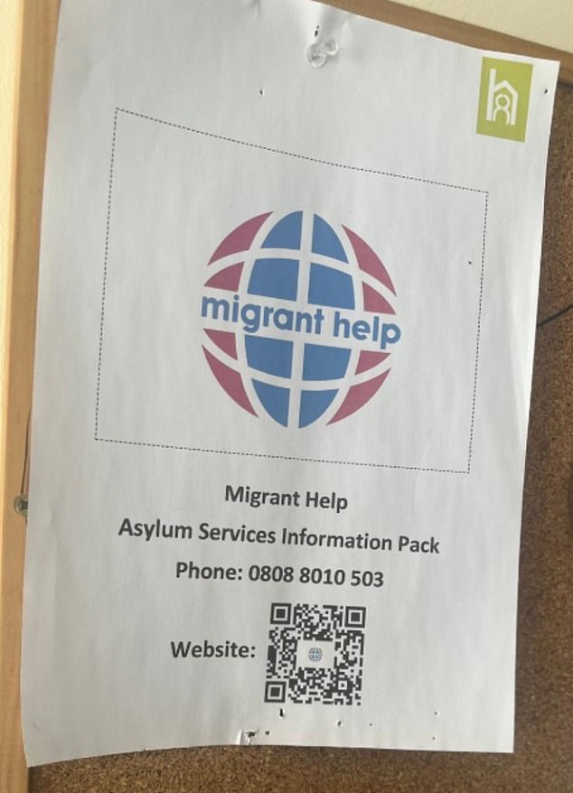 A notice on a cork board in one of the homes includes a QR code to help migrants access an Asylum Services Information Pack