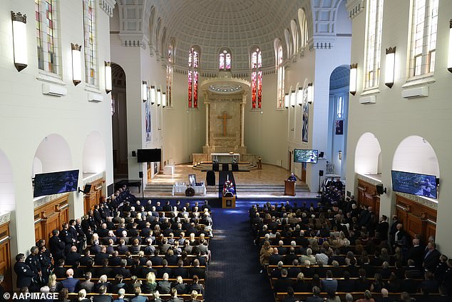 A general view during the funeral service for Detective Leading Senior Constable Neal Thompson at the Victoria Police Academy Chapel in Melbourne, Monday, September 8, 2025. (AAP Image/Con Chronis) NO ARCHIVING, POOL