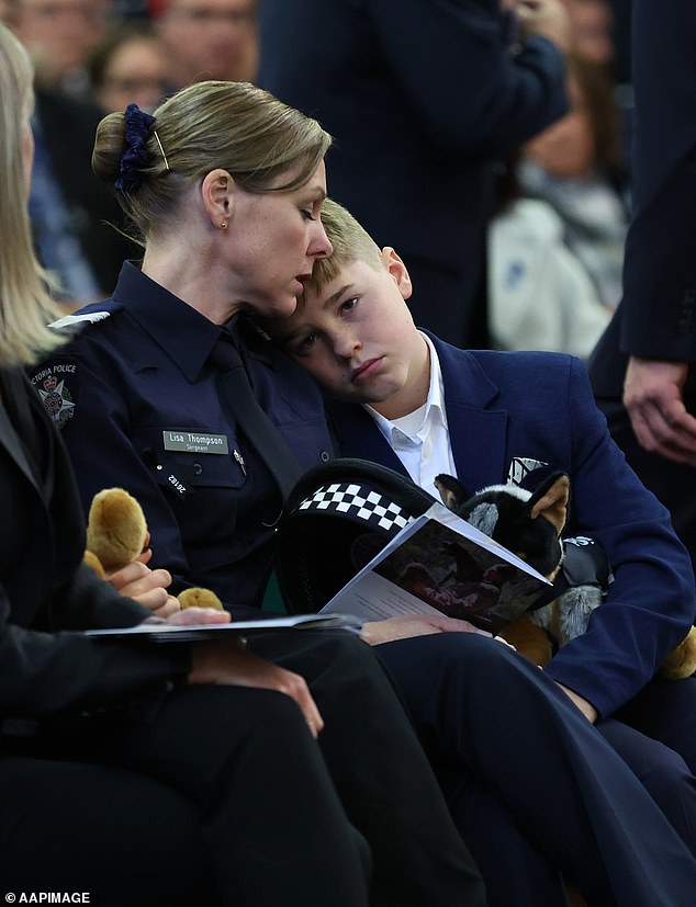 Sergeant Lisa Thompson , partner of Neal Thompson during the funeral service for Detective Leading Senior Constable Neal Thompson at the Victoria Police Academy Chapel in Melbourne, Monday, September 8, 2025. (AAP Image/Con Chronis) NO ARCHIVING, POOL