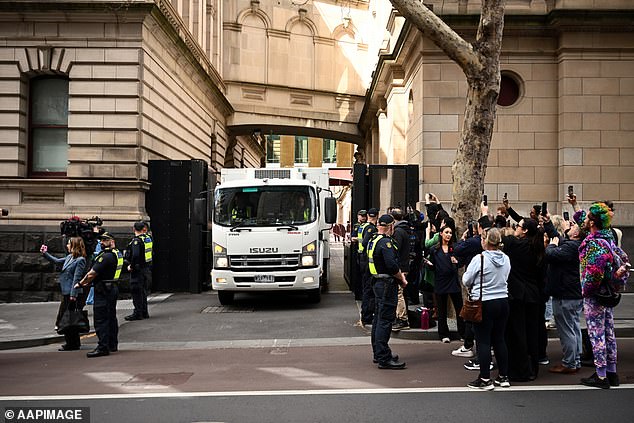 A prison van carrying Erin Patterson leaves the Supreme Court of Victoria in Melbourne, Monday, September 8, 2025. (AAP Image/Joel Carrett) NO ARCHIVING