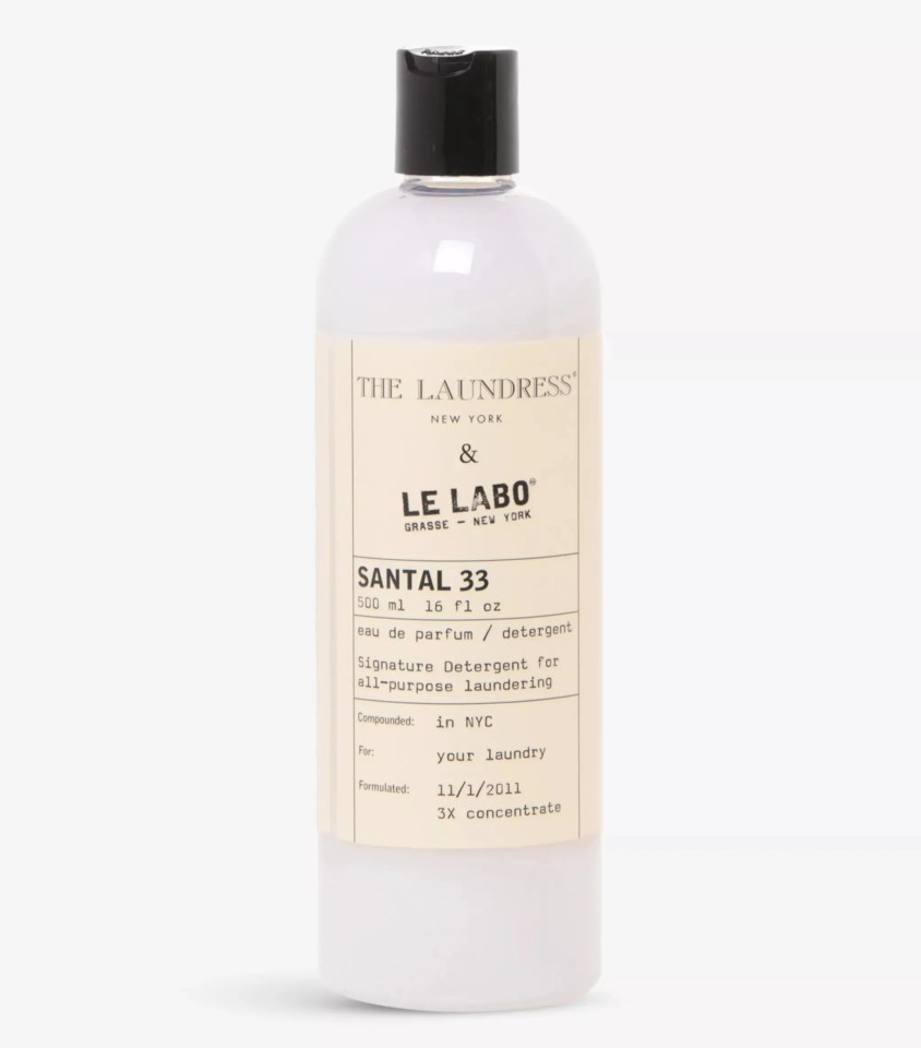 Bottle of The Laundress & Le Labo Santal 33 laundry detergent.