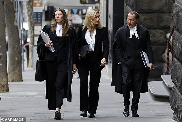 Patterson's legal team Sophie Stafford, Ophelia Hollway and Colin Mandy, SC enter the Supreme Court of Victoria last month