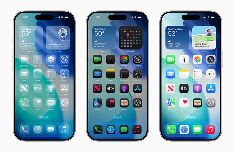 Three iPhone home screens showing different weather and calendar views.