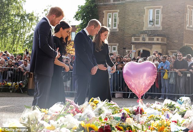 The Prince and Princess of Wales and the Duke and Duchess of Sussex inspect floral tribute outside WIndsor castle. Their appearance together was a surprising show of unity