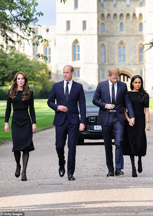 Kate Middleton alongside Prince William, Prince Harry and Meghan Markle outside Windsor Castle following the death of Queen Elizabeth II