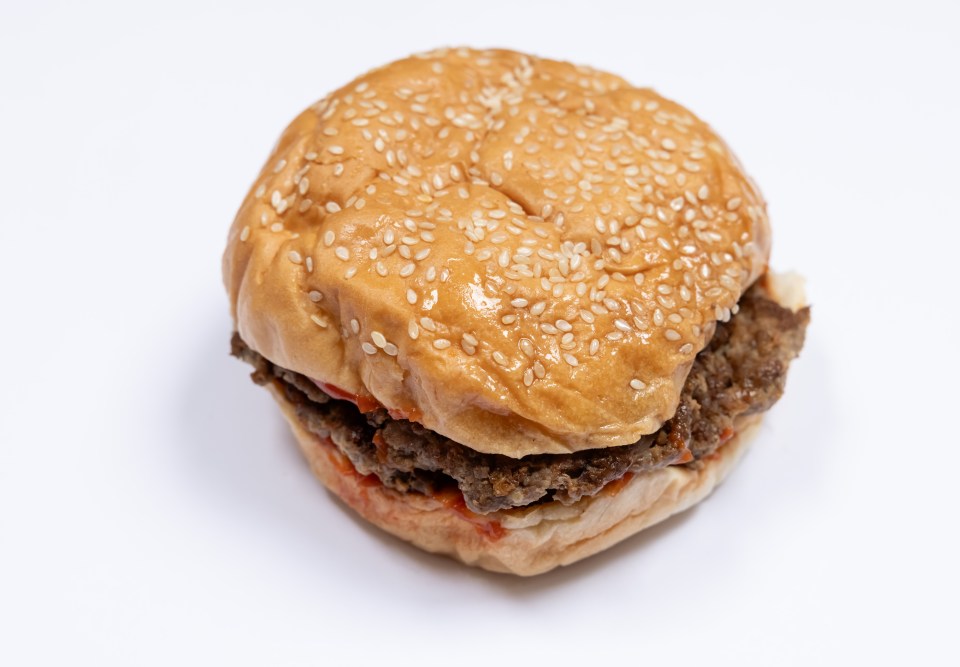 Sesame seed burger with ketchup.