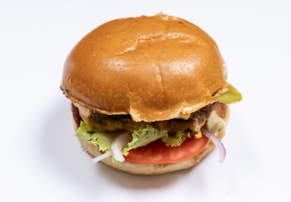 Close-up of a cheeseburger.