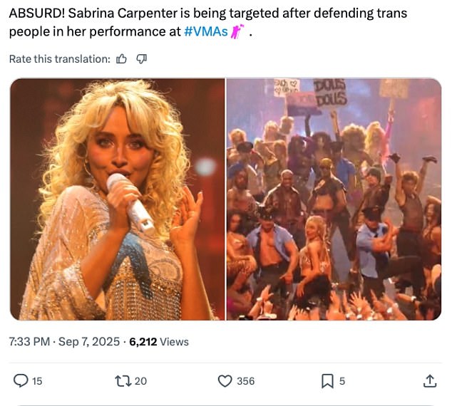 But others defended the singer, saying it was 'absurd' to take issue with the performance which was 'defending trans rights'