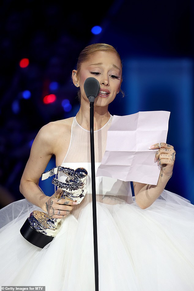 Ariana Grande had a bone to pick with MTV as she returned to the VMAs stage to accept her third award for the night