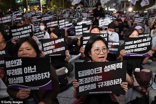 South Korean activists participate in an anti-deepfake rally to respond to deepfake sexual violence on September 6, 2024