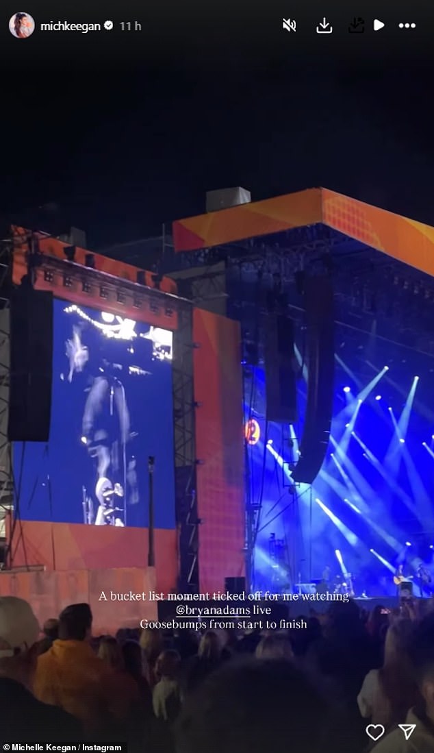She closed out the evening watching Canadian singer-songwriter Bryan Adams, as she wrote: 'A bucket list moment ticked off for me watching @bryanadams live'