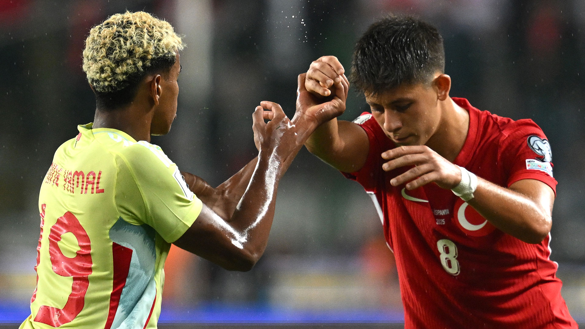 Fiery moment Real Madrid wonderkid Arda Guler shoves Barcelona rival Lamine Yamal during Spain's demolition of Turkey