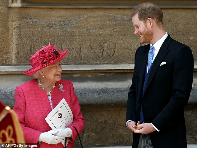 Queen Elizabeth II (L) and Britain's Prince Harry, Duke of Sussex, leave St George's Chapel in Windsor Castle on May 18 2019. Harry paid his respects to her today