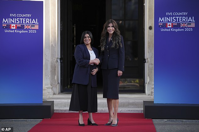 Home Secretary Shabana Mahmood, left, greets United States Homeland Security Secretary Kristi Noem ahead of the Five Eyes meeting at the Honourable Artillery Company in London
