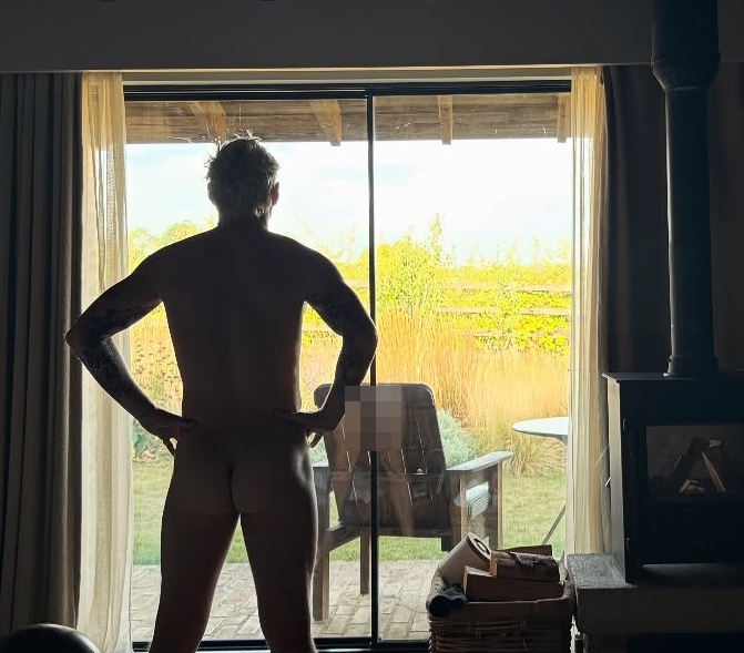 Silhouette of a nude man standing in front of a patio door.