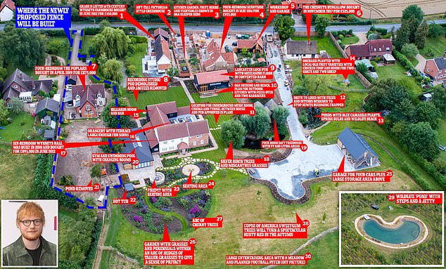 Ed spends the majority of his time at his Sheeranville estate in Suffolk (pictured) with wife Cherry Seaborn and their daughters, Lyra, five, and Jupiter, three